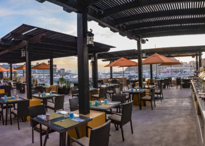 A restaurant with tables and chairs set up for outdoor dining.